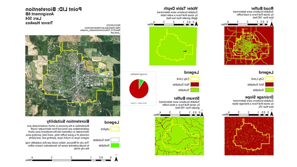 Poster by Landscape Architecture student Trevor Hawkes showing suitable locations for bioretention (the removal of contaminants from stormwater runoff)  in Moscow ID, an assignment from Larc 504. 