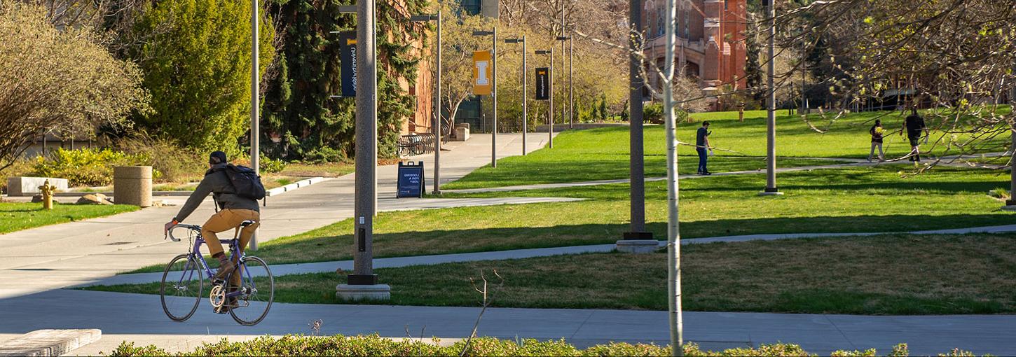 A student rides a bike on campus.